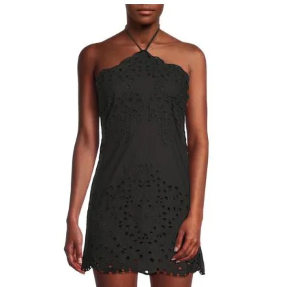 HEMANT & NANDITA Mohi Eyelet Halterneck Mini Dress in Black NWT